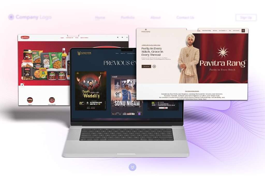 High-resolution laptop mockup showcasing a responsive website design on screen, with dynamic hero images floating outward in a layered 3D effect, emphasizing UI/UX design, web development, digital marketing visuals, modern interface, creative layout, and branding elements in a clean, professional style.