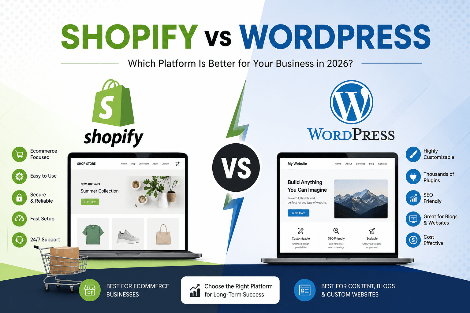 Comparison between Shopify and WordPress for ecommerce website development, SEO, customization, and online business growth in 2026
