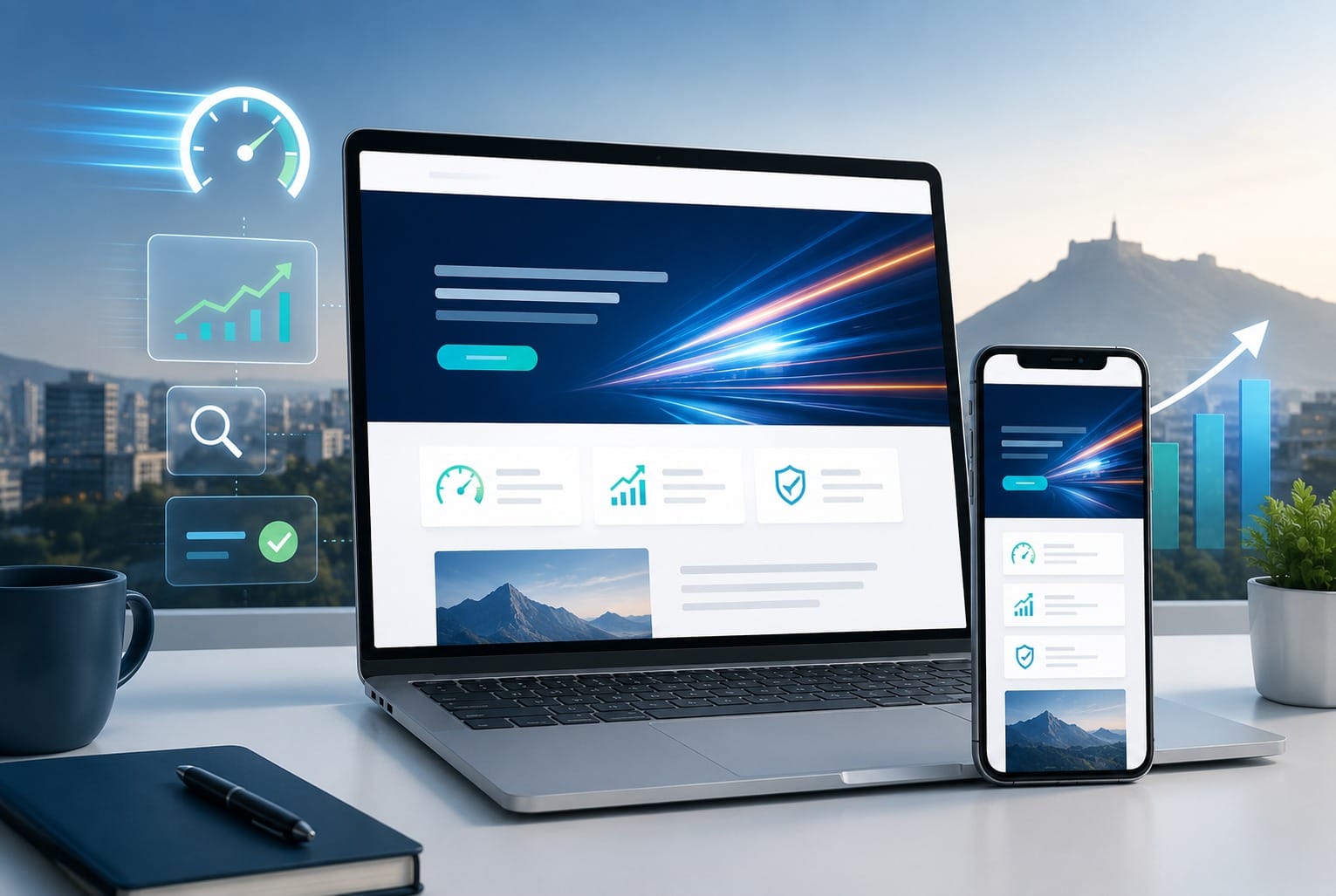 Fast mobile-friendly web development in Pune showing responsive website design on laptop and smartphone with speed and growth icons.