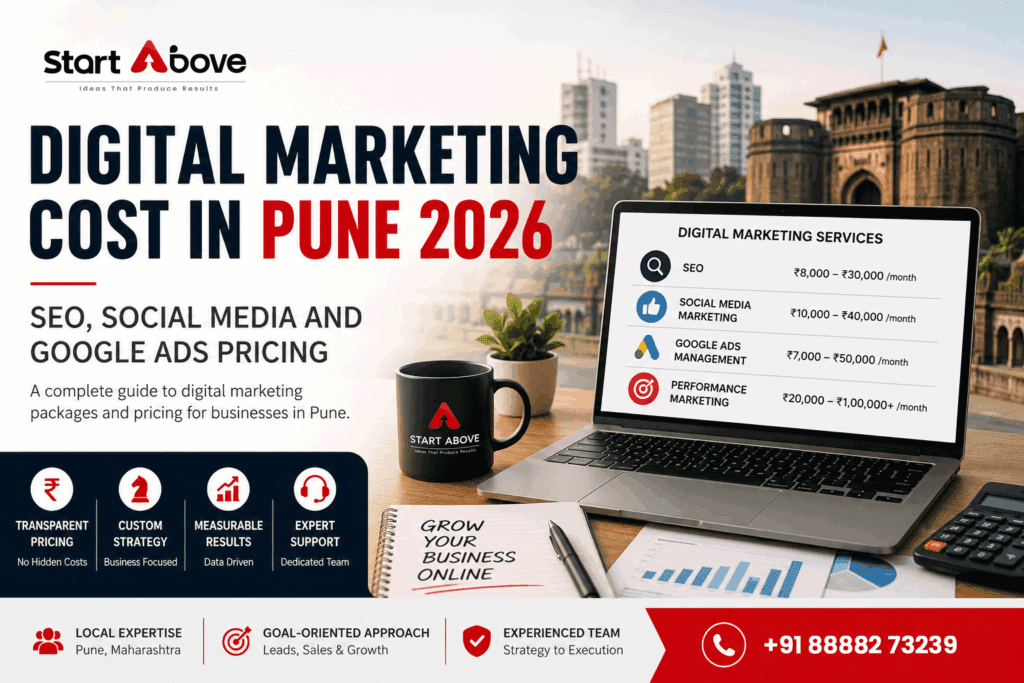 Digital marketing cost in Pune 2026 pricing guide showing SEO, social media and Google Ads charges