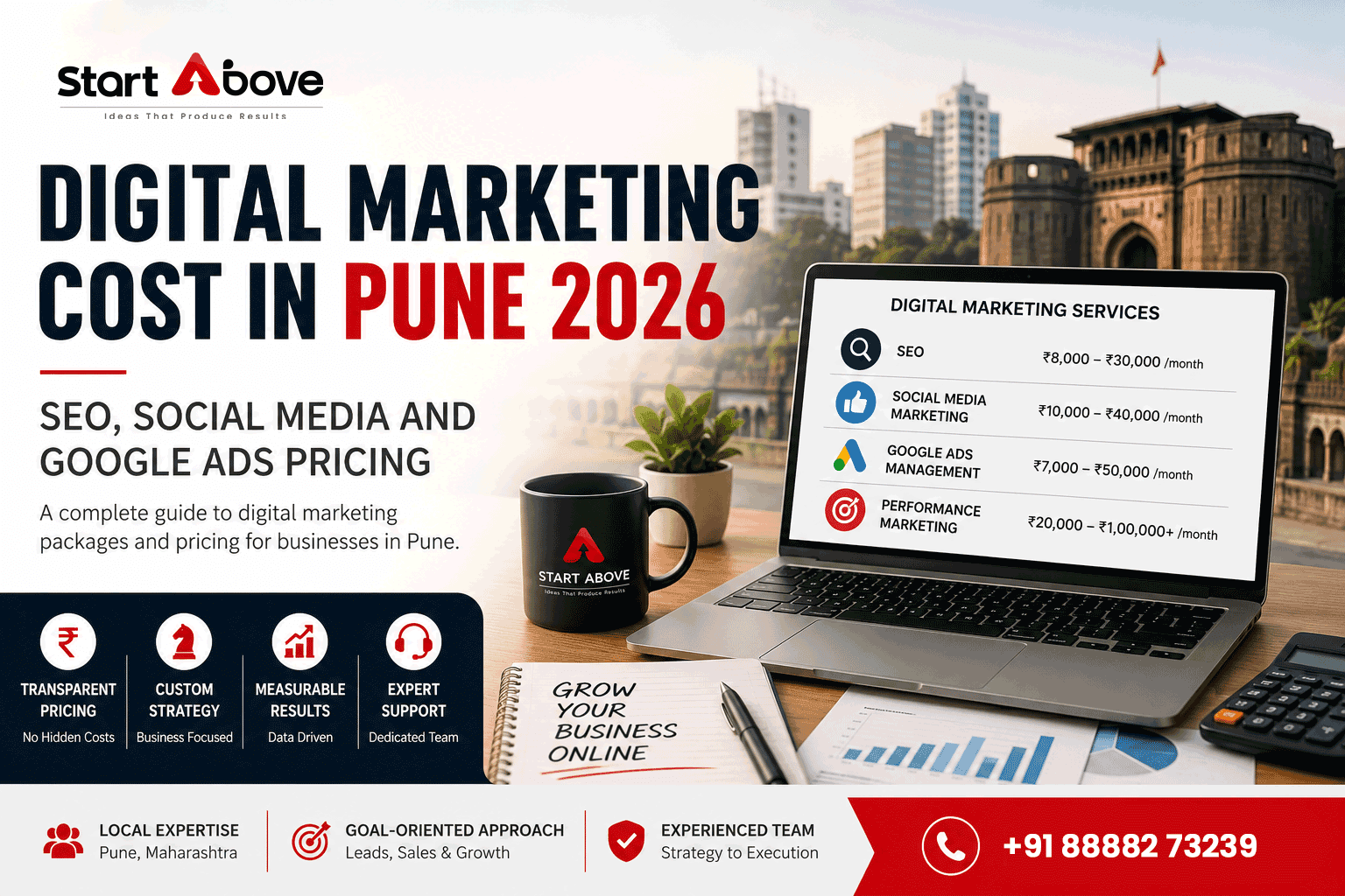 Digital marketing cost in Pune 2026 pricing guide showing SEO, social media and Google Ads charges